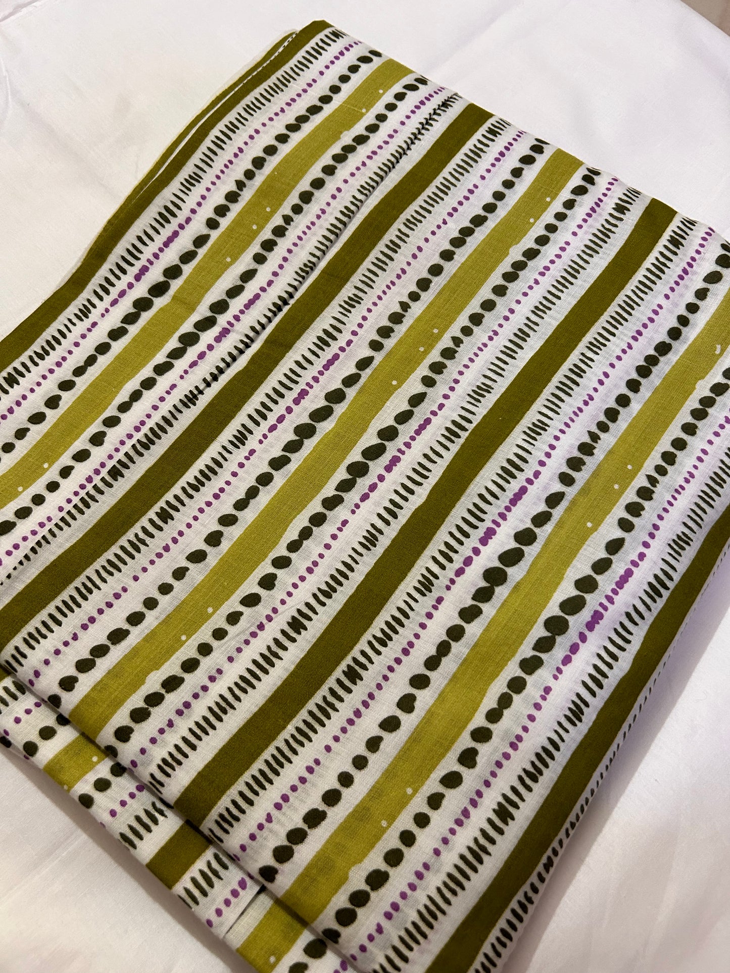 Olive Green And White Stripped Cotton Fabric