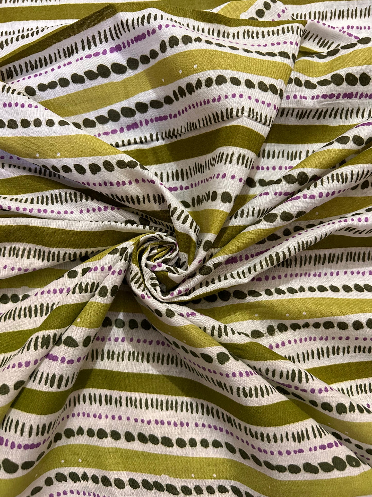 Olive Green And White Stripped Cotton Fabric