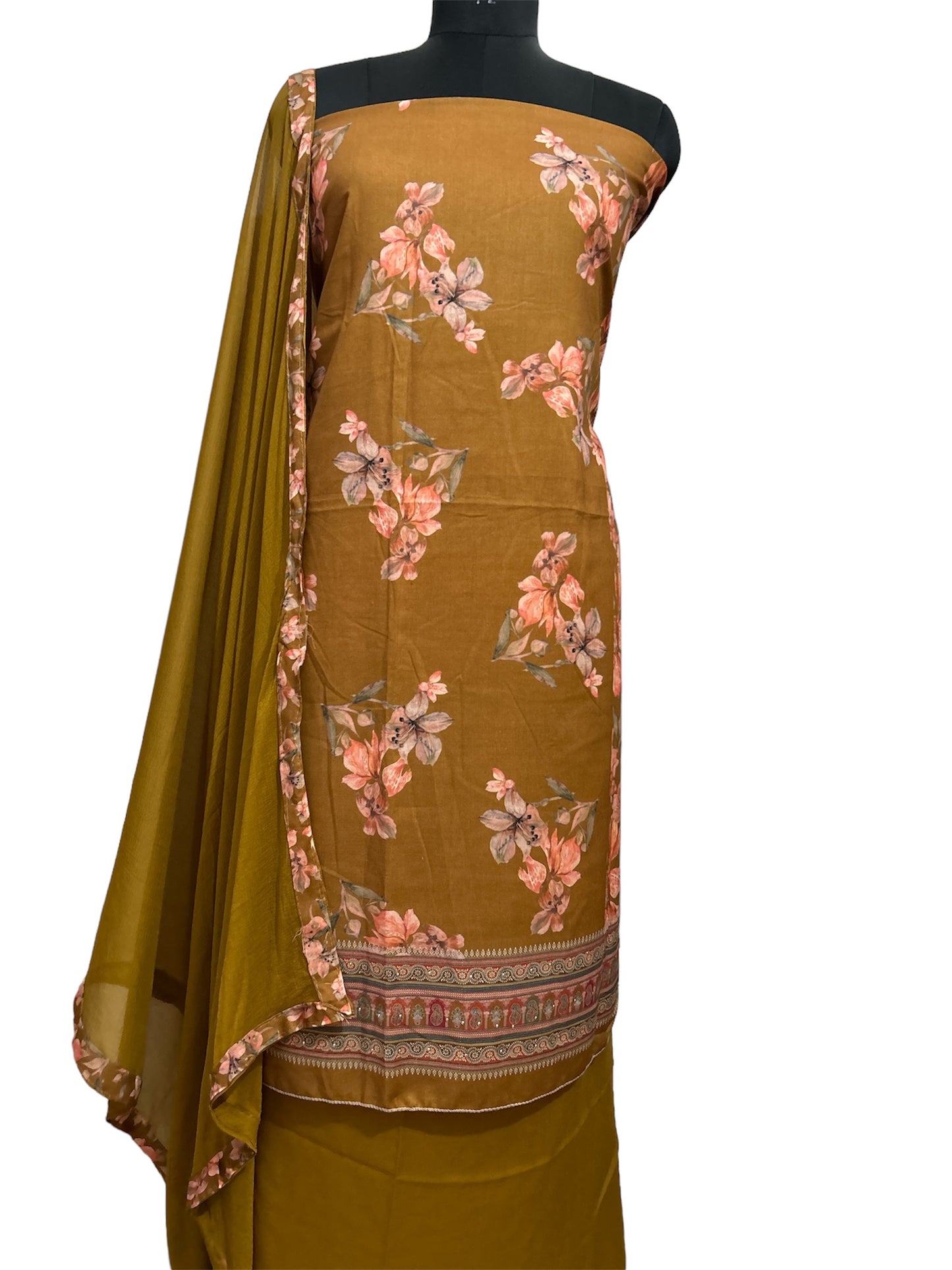 Floral Elegance Mustard Lizibizi Suit with Pure Mul Cotton Dupatta