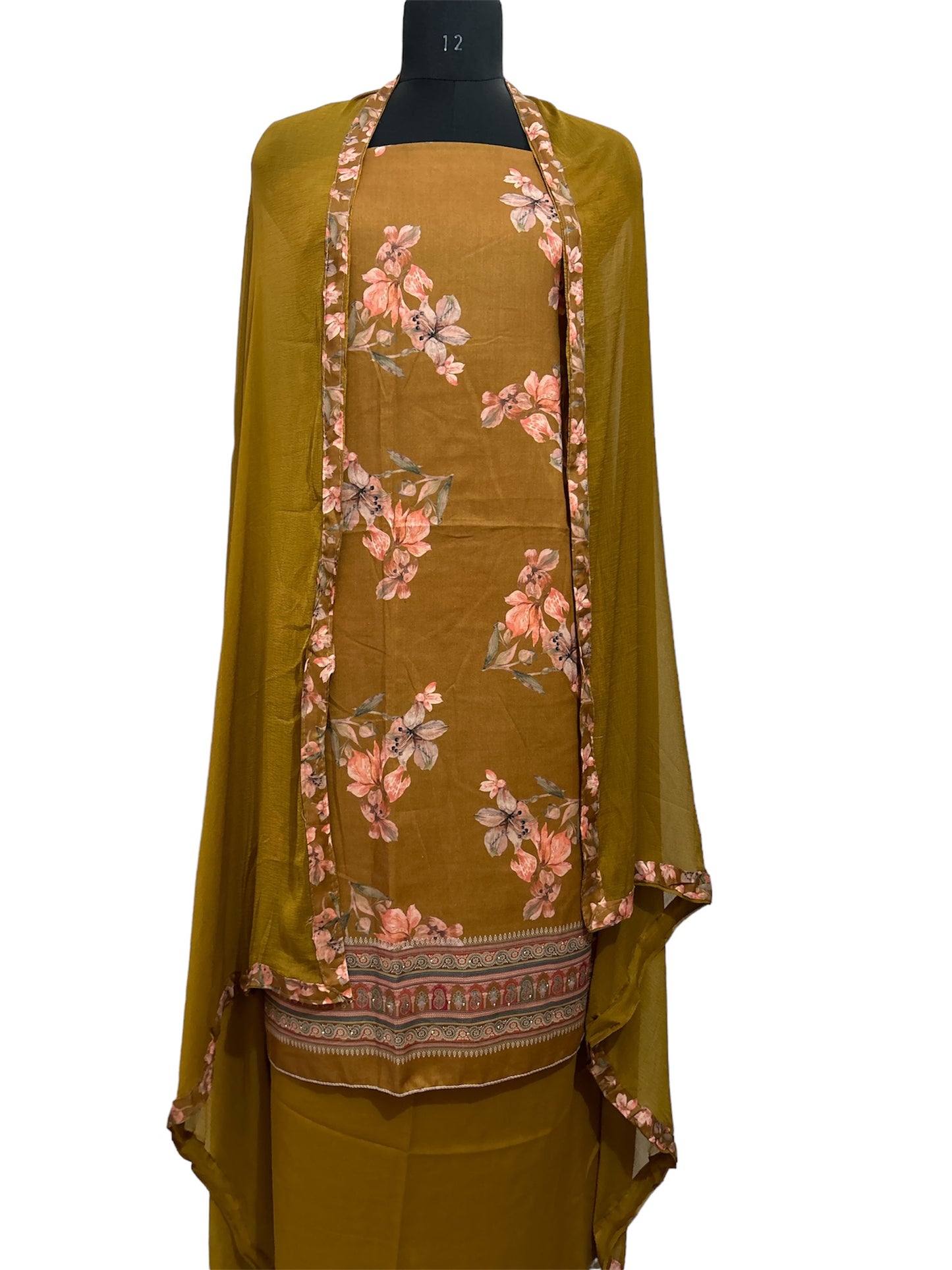 Floral Elegance Mustard Lizibizi Suit with Pure Mul Cotton Dupatta