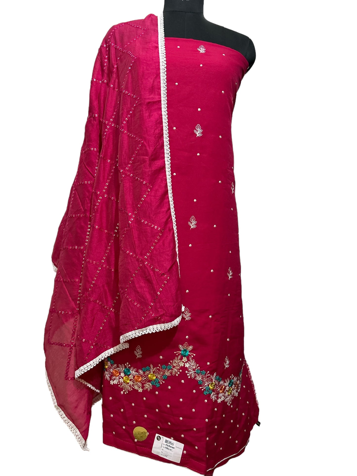 Elegant Hot Pink Muslin Suit with Exquisite Embroidery