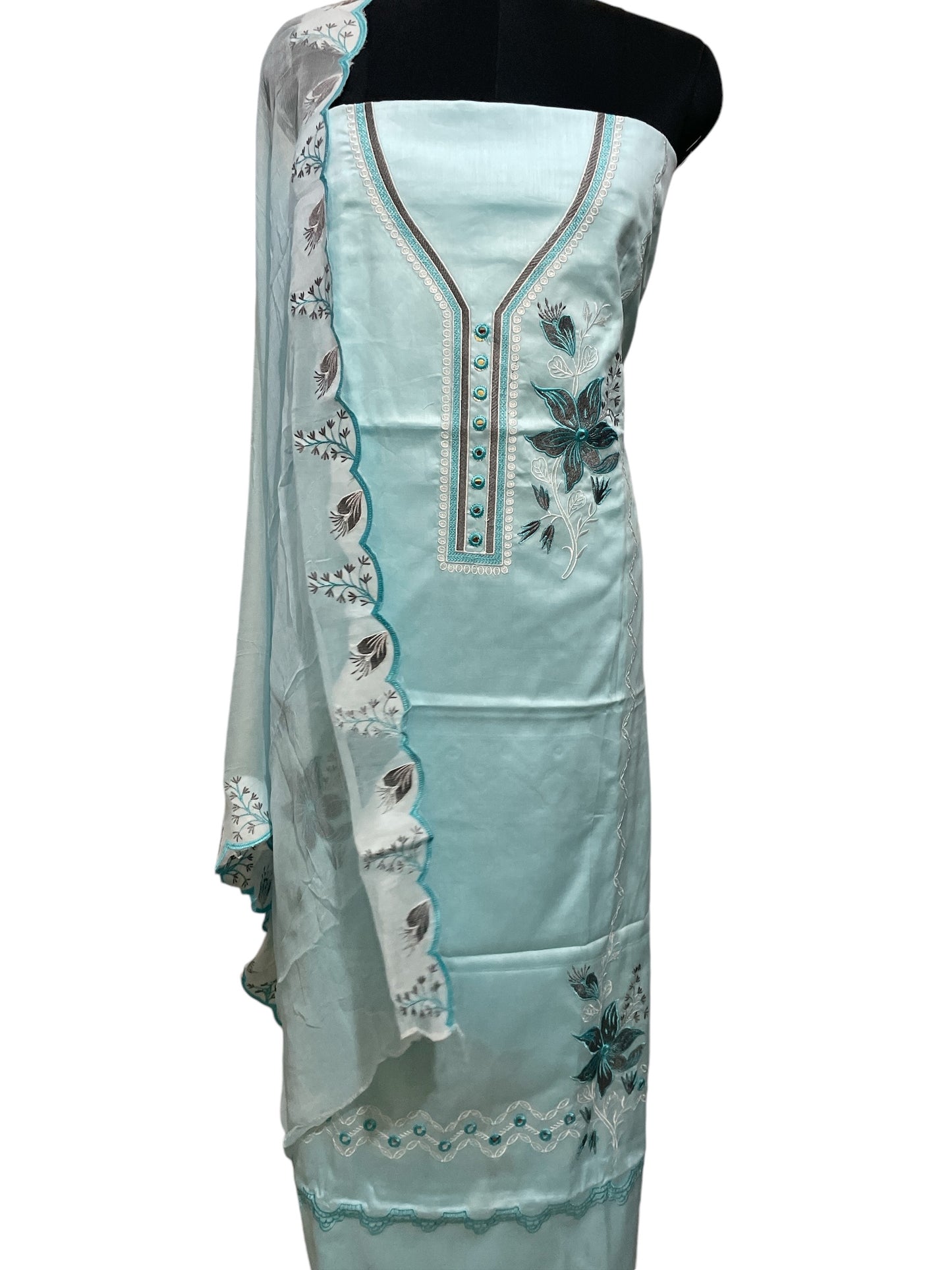 Sky Blue Glace Cotton Embroidered Kurta Set with Chiffon Dupatta