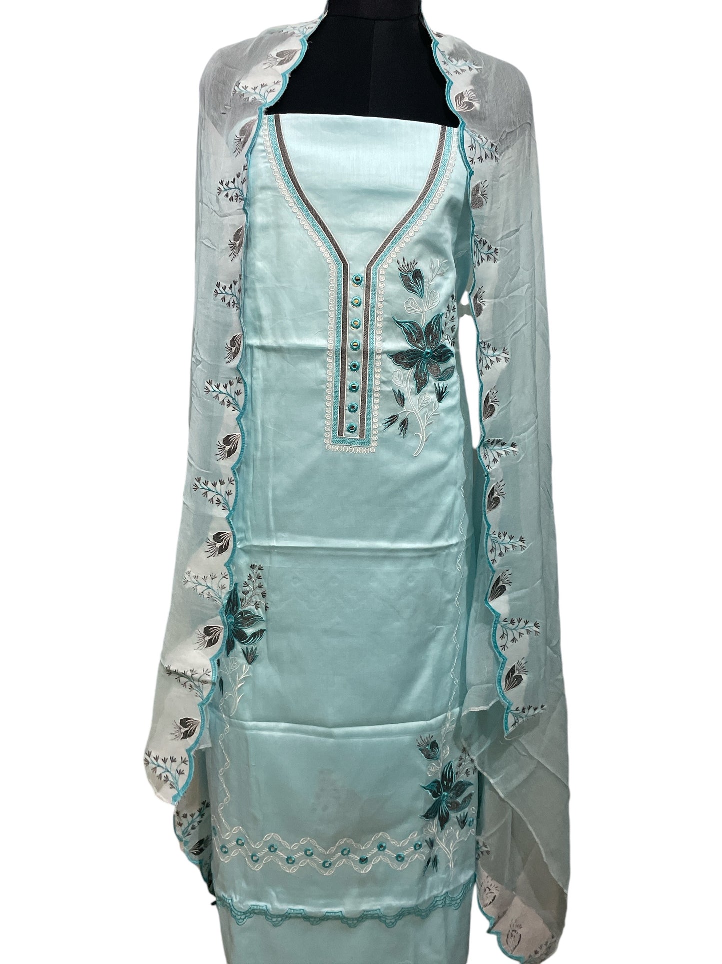 Sky Blue Glace Cotton Embroidered Kurta Set with Chiffon Dupatta