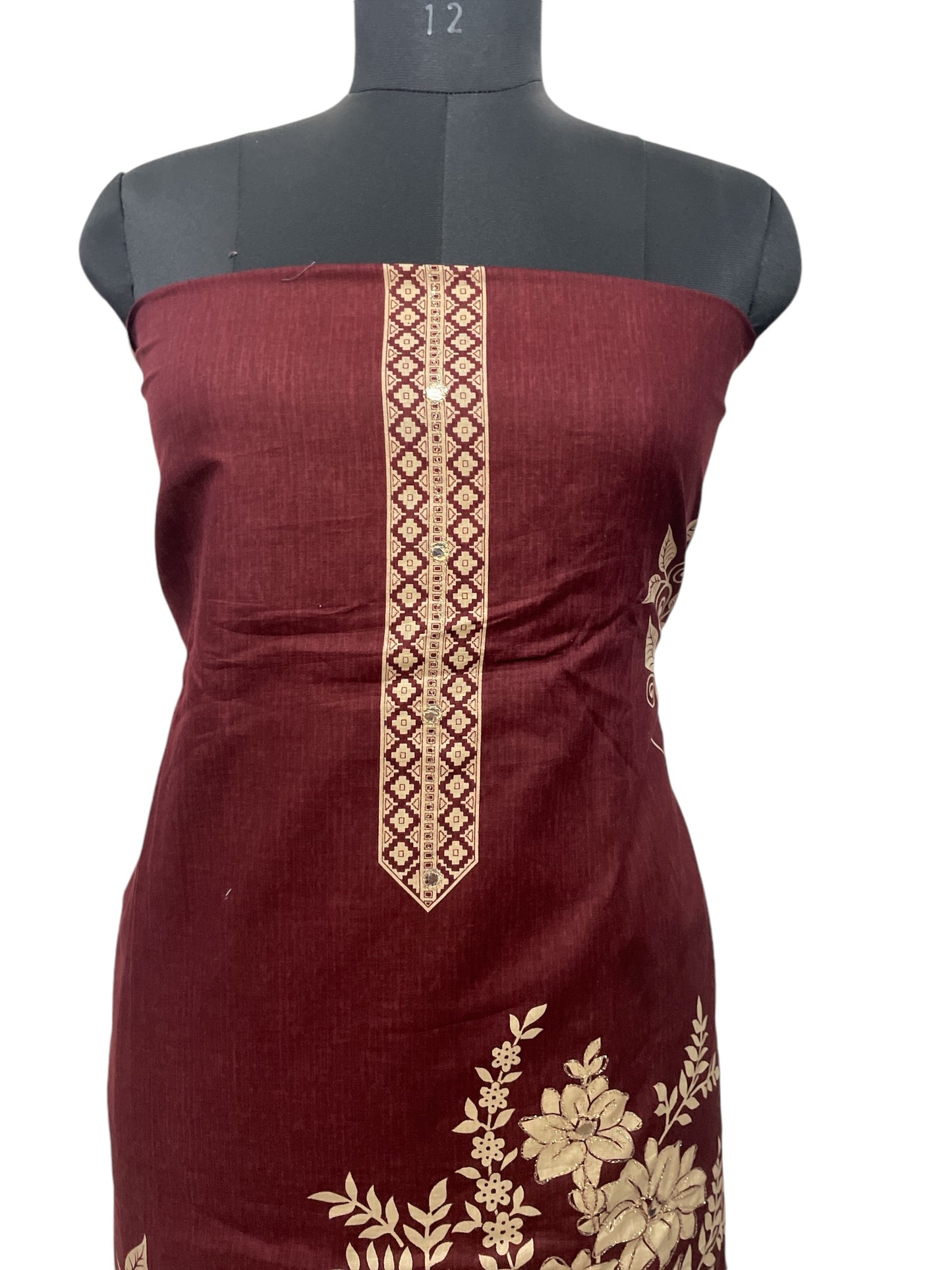 Elegant Maroon Aari Work Suit with Multi-Color Floral Chiffon Dupatta