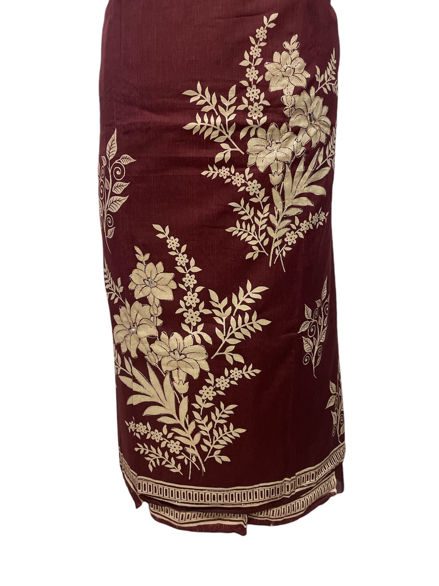 Elegant Maroon Aari Work Suit with Multi-Color Floral Chiffon Dupatta