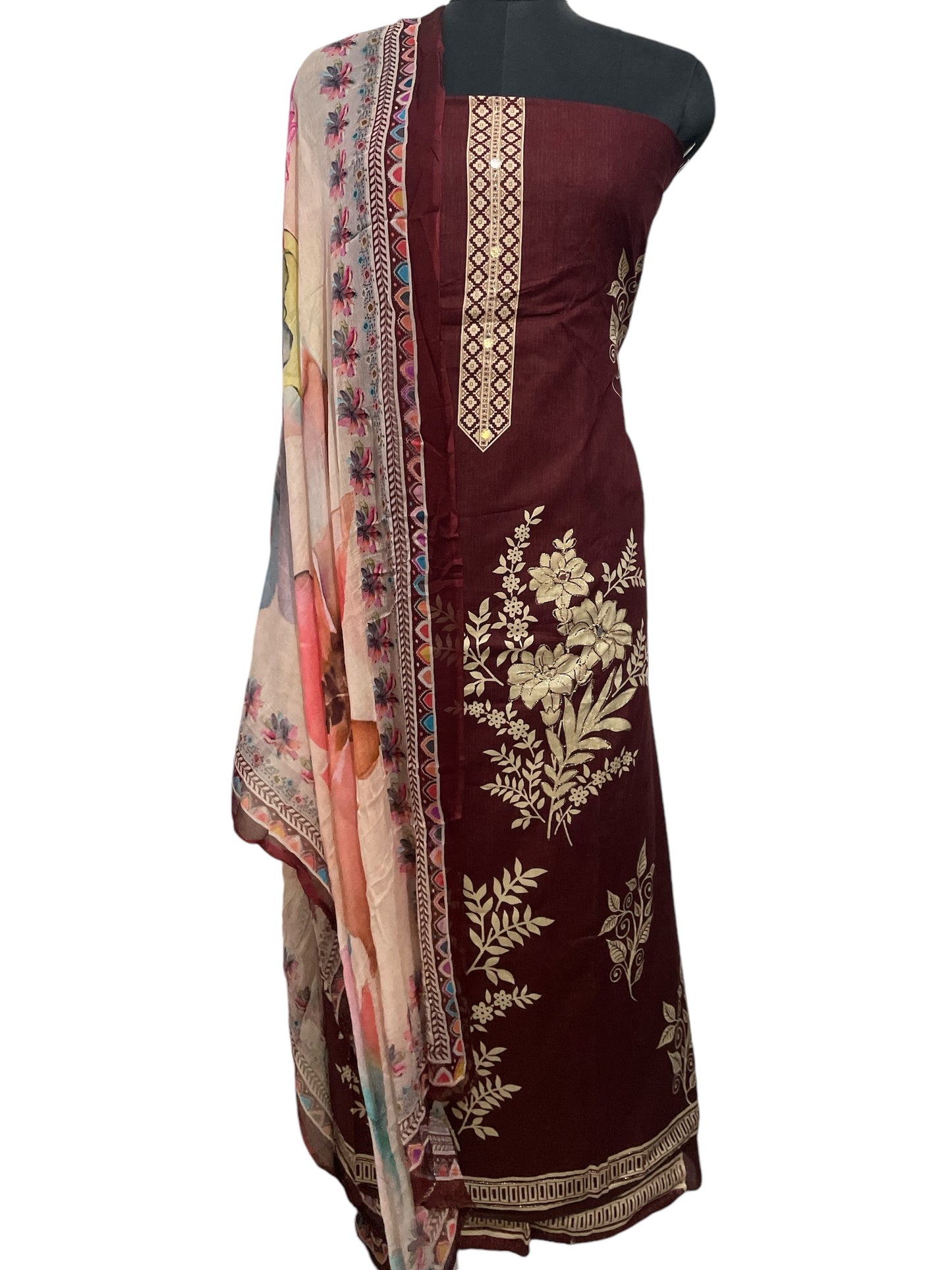 Elegant Maroon Aari Work Suit with Multi-Color Floral Chiffon Dupatta