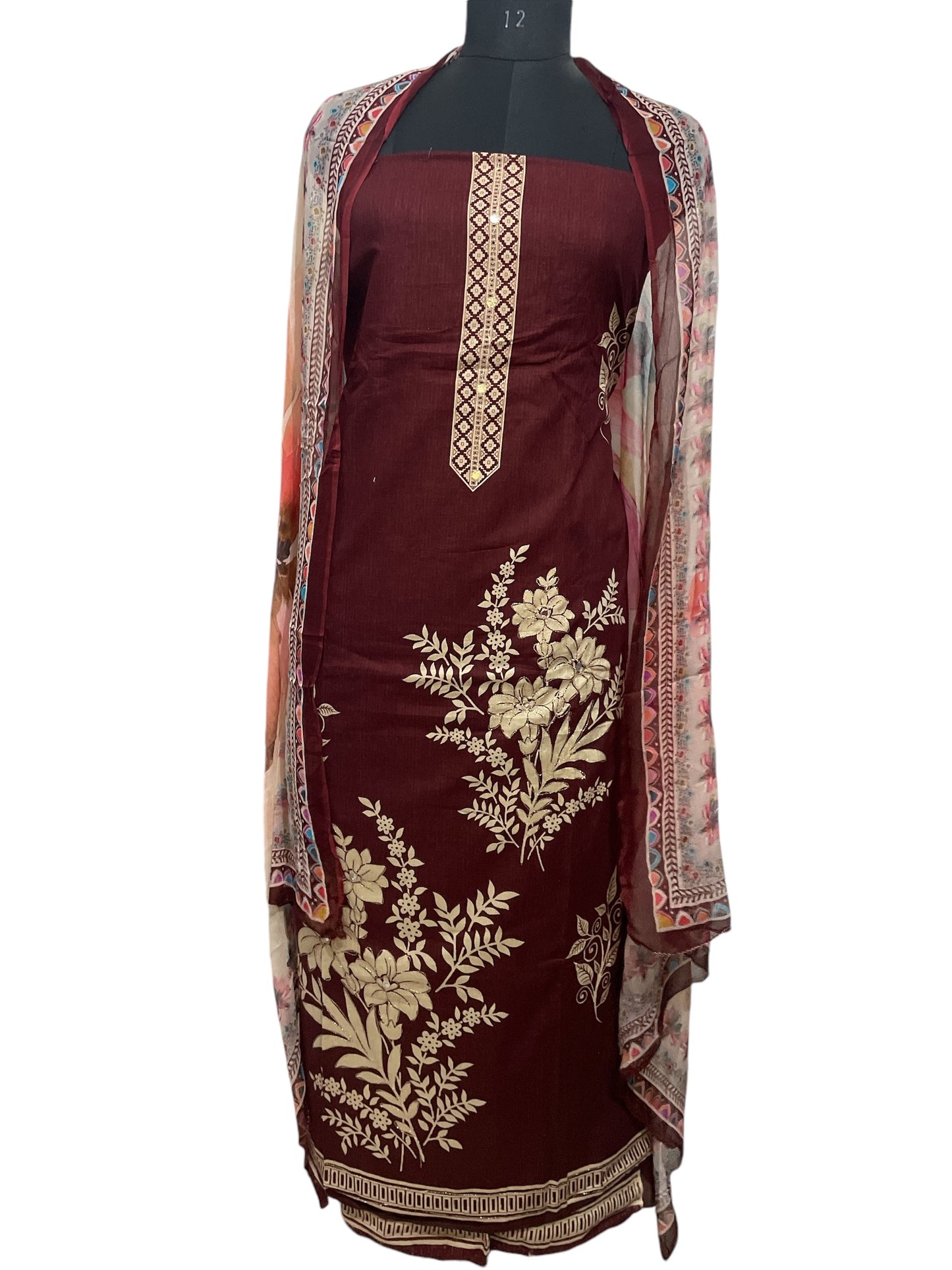 Elegant Maroon Aari Work Suit with Multi-Color Floral Chiffon Dupatta