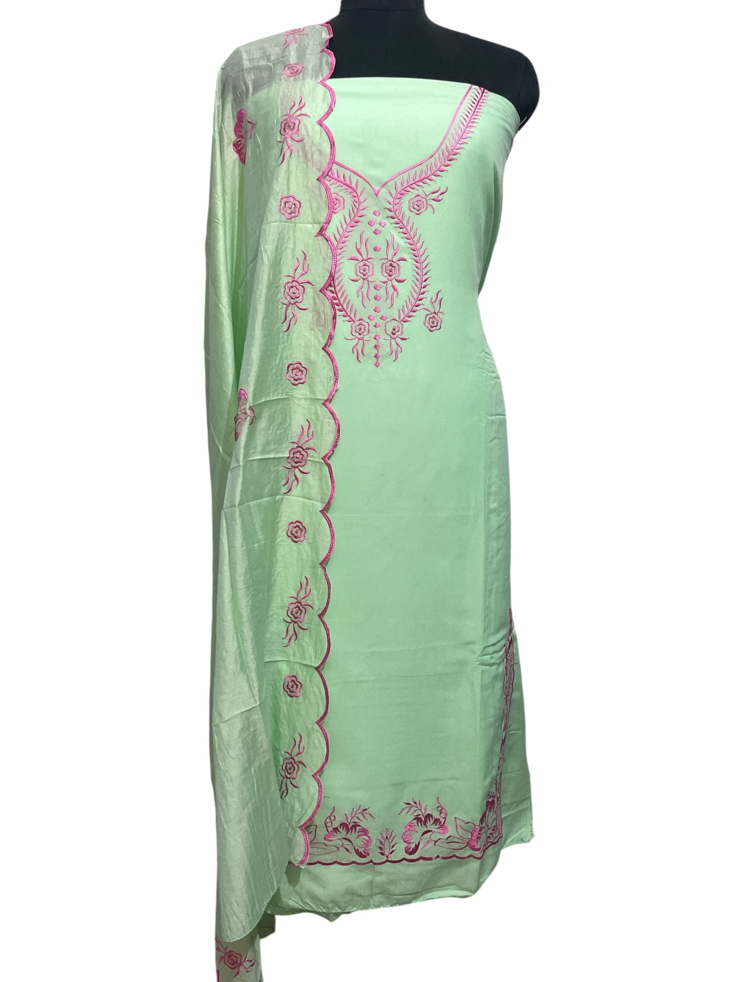 Exquisite Light Green Muslin Suit with Intricate Embroidery