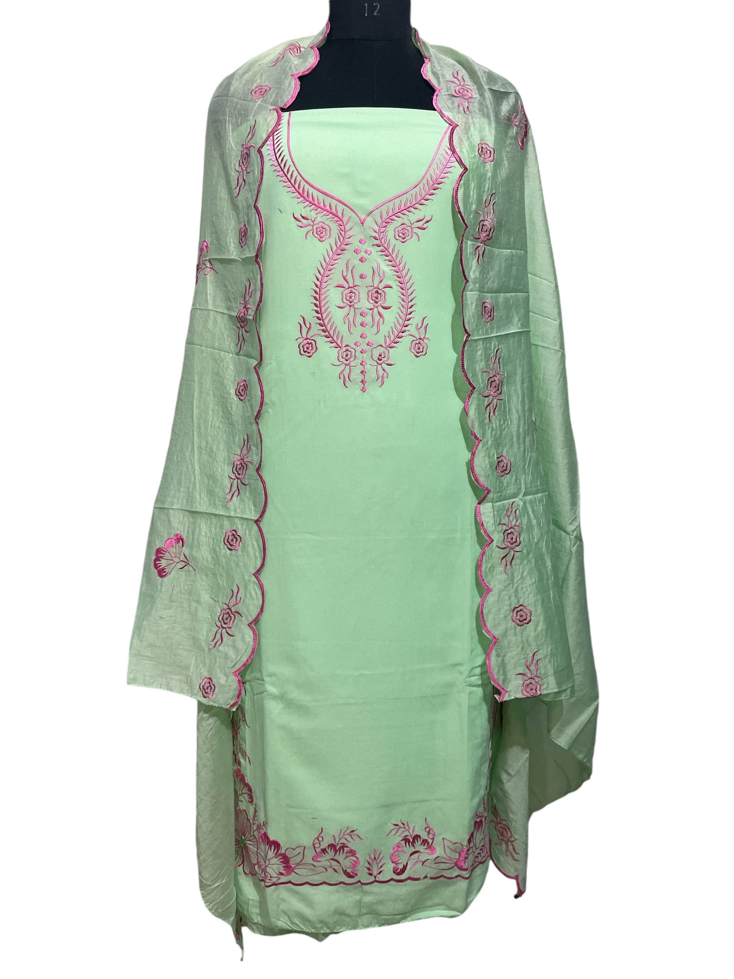 Exquisite Light Green Muslin Suit with Intricate Embroidery