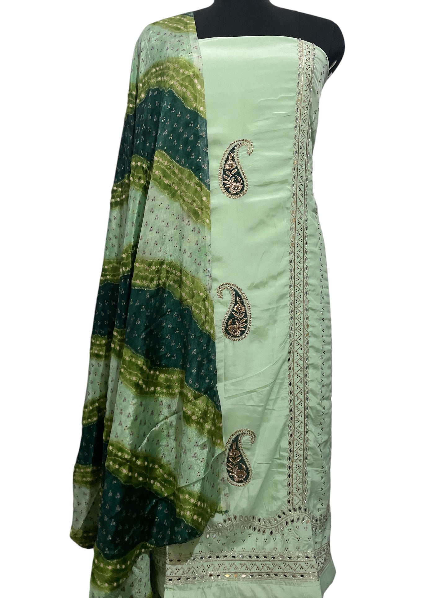 Elegant Crepe Green Party Wear Suit with Exquisite Embroidery and Mirror Work