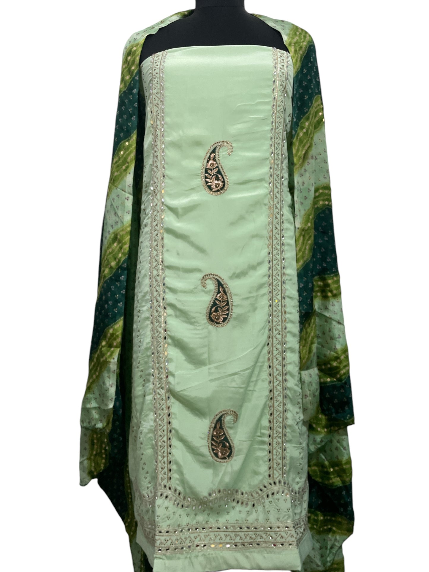 Elegant Crepe Green Party Wear Suit with Exquisite Embroidery and Mirror Work