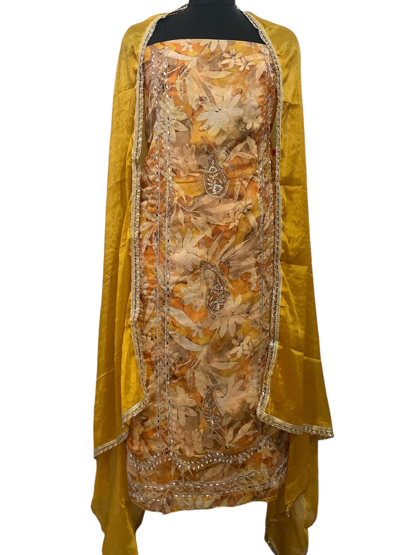 Elegant Yellow Organza Party Wear Suit with Intricate Embroidery and Mirror Work