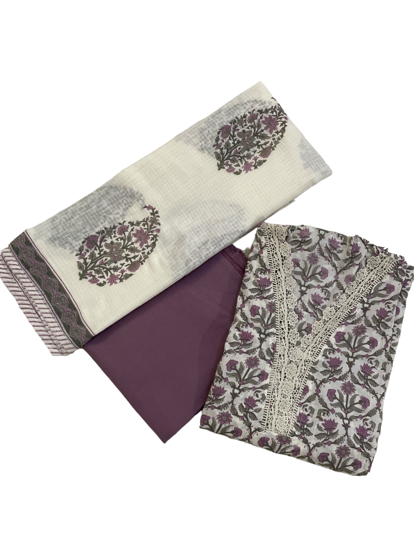 Unstitched Purple Cotton Suit with Lace Detailing and Printed Dupatta