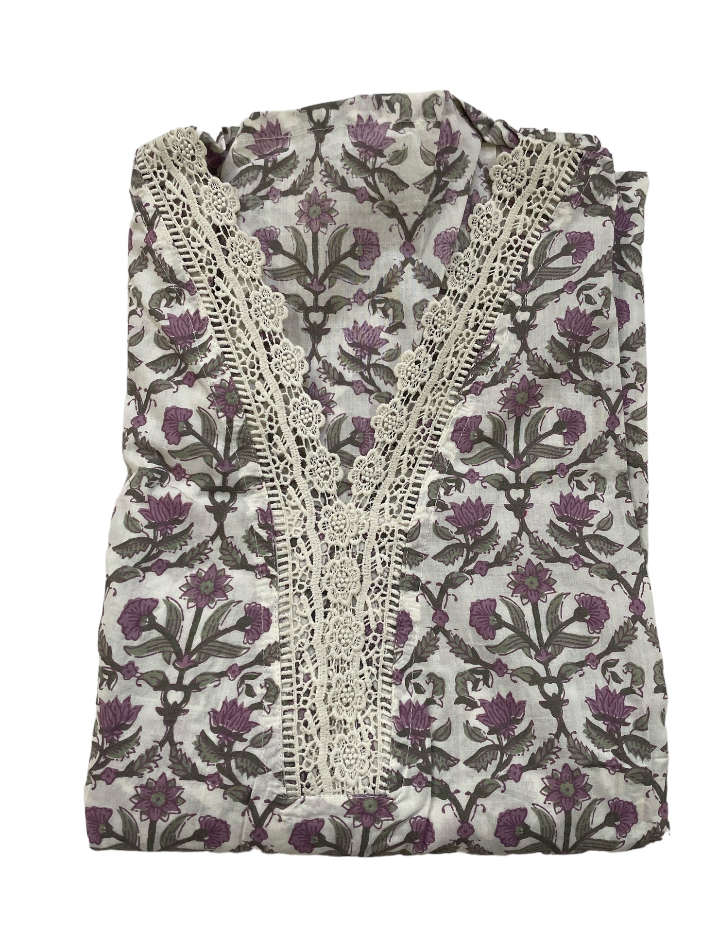 Unstitched Purple Cotton Suit with Lace Detailing and Printed Dupatta