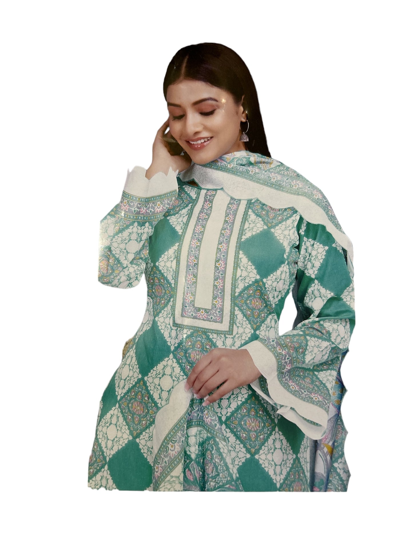 Printed Semi-Cambric Suit Set in Blue with Mal Cotton Dupatta