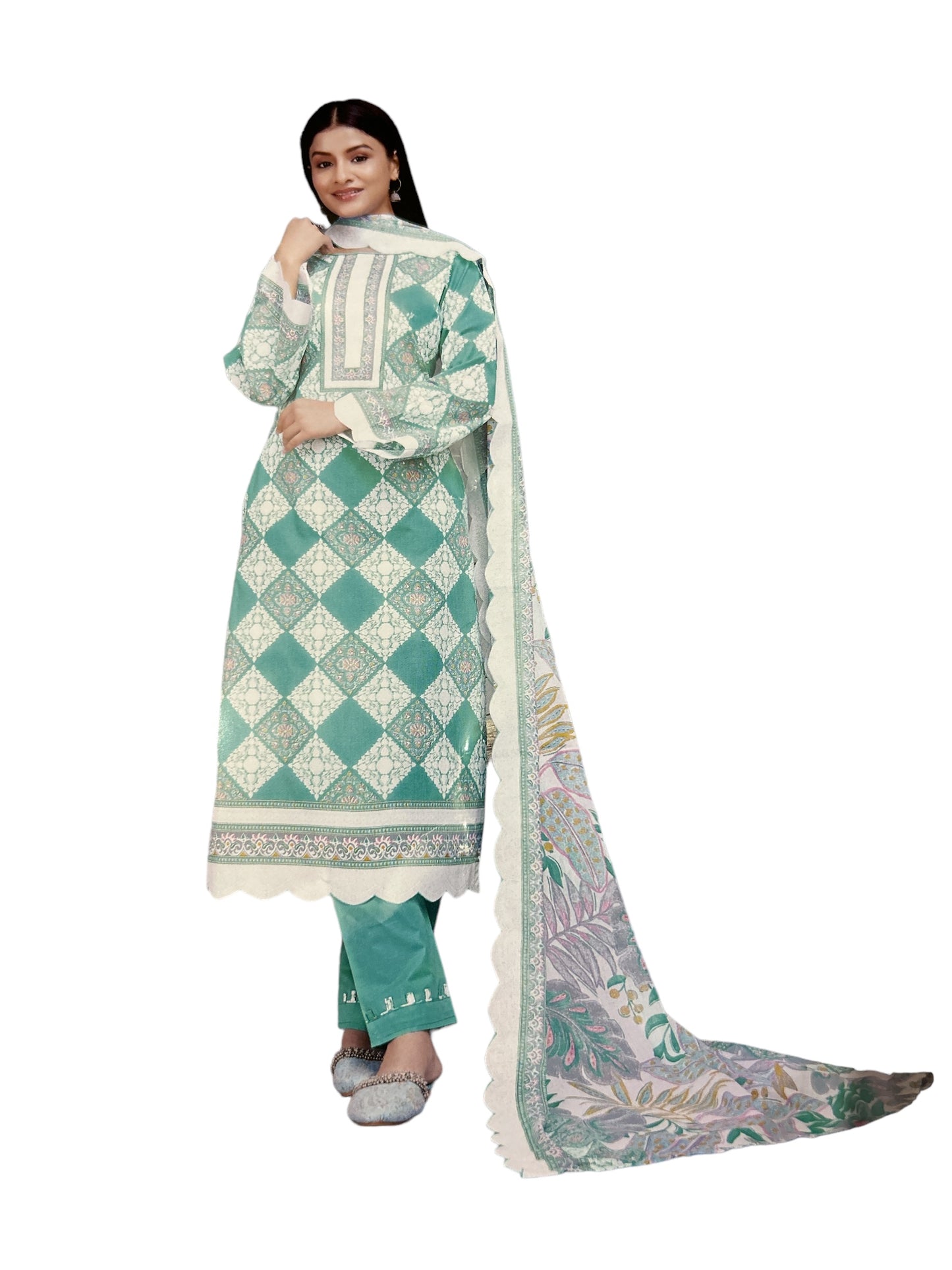 Printed Semi-Cambric Suit Set in Blue with Mal Cotton Dupatta