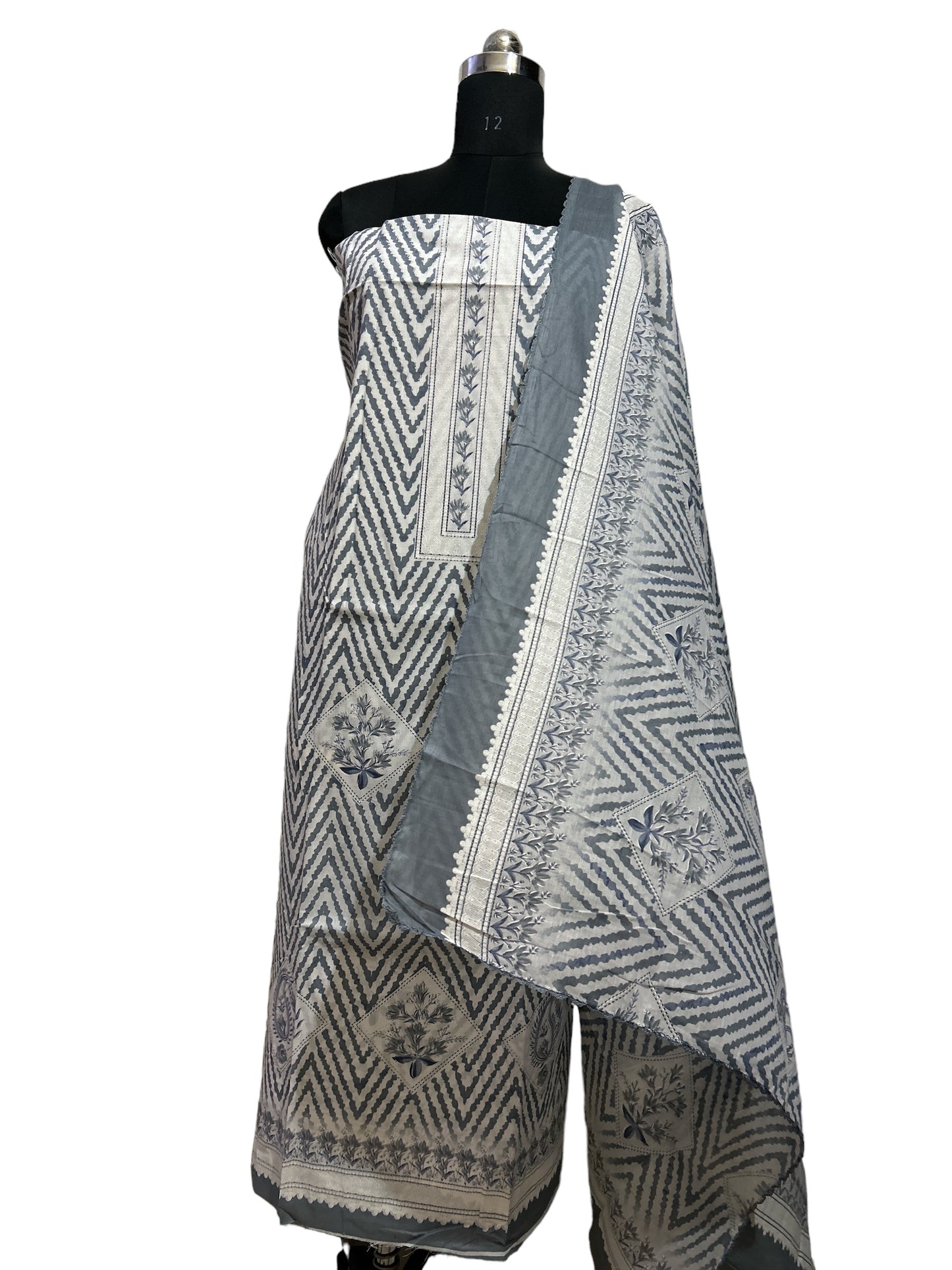 Ziz Zac Print Cambric Cotton Grey Color Suit Set with Dupatta