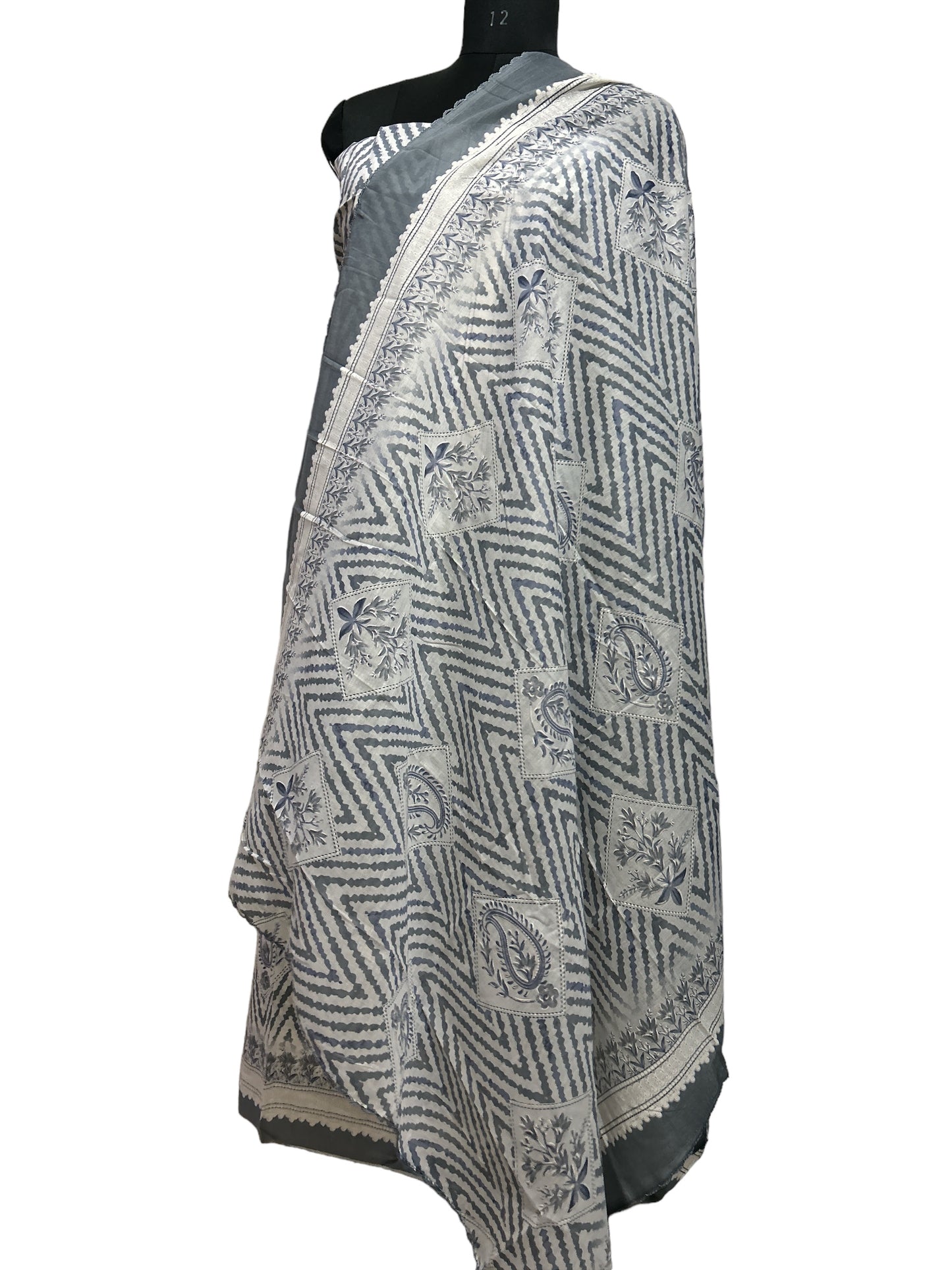 Ziz Zac Print Cambric Cotton Grey Color Suit Set with Dupatta