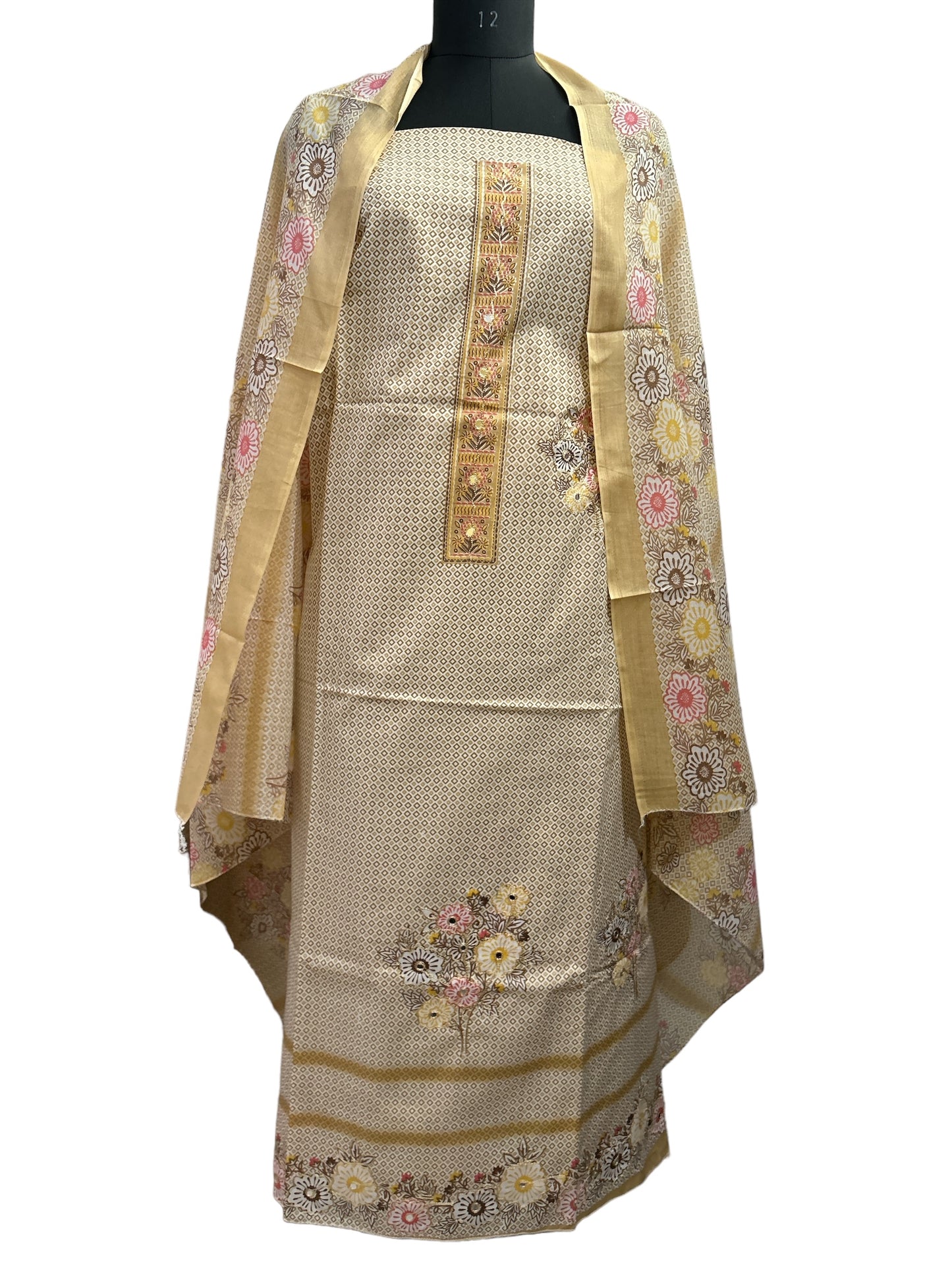 Yellow Cotton Suit with Mirror Work & Printed Buttons