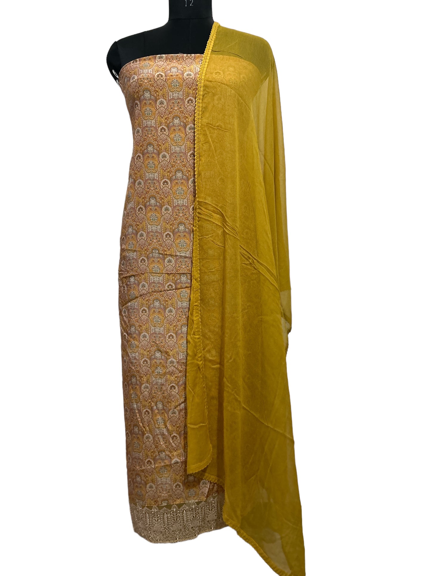 Mustard Muslin Suit with Delicate Lace