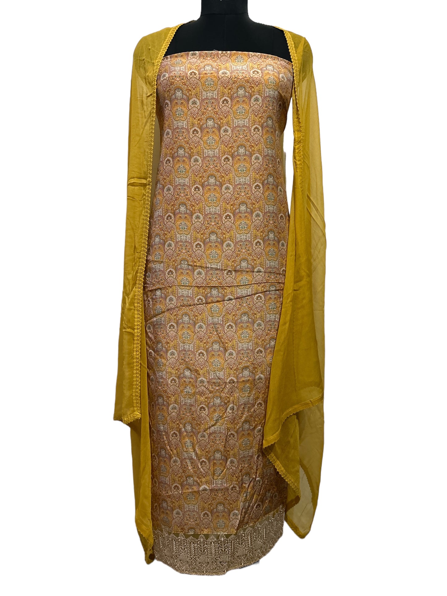 Mustard Muslin Suit with Delicate Lace