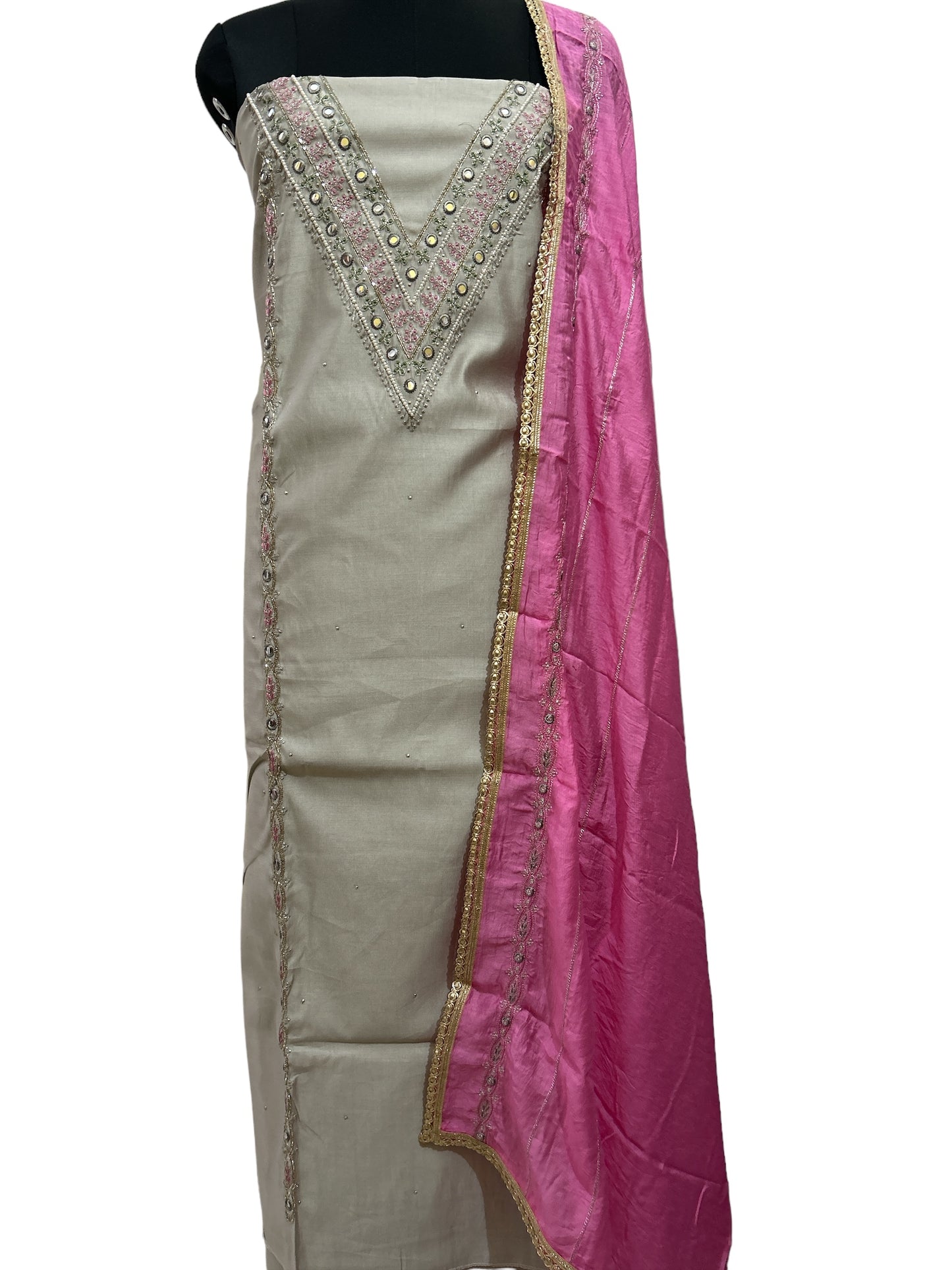 Grey & Pink Cotton Suit with Embroidered Dupatta