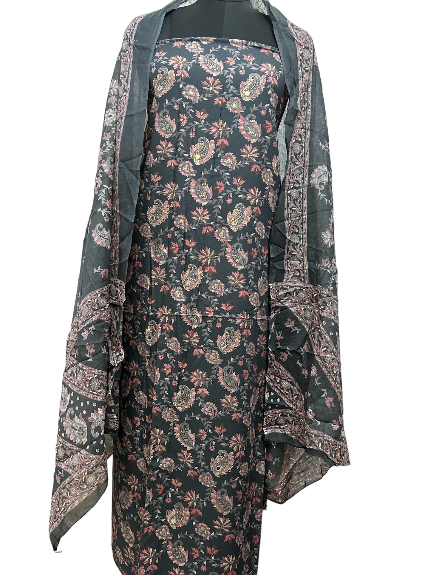 Rayon Grey Aari Embroidered Suit: Comfort Meets Elegance