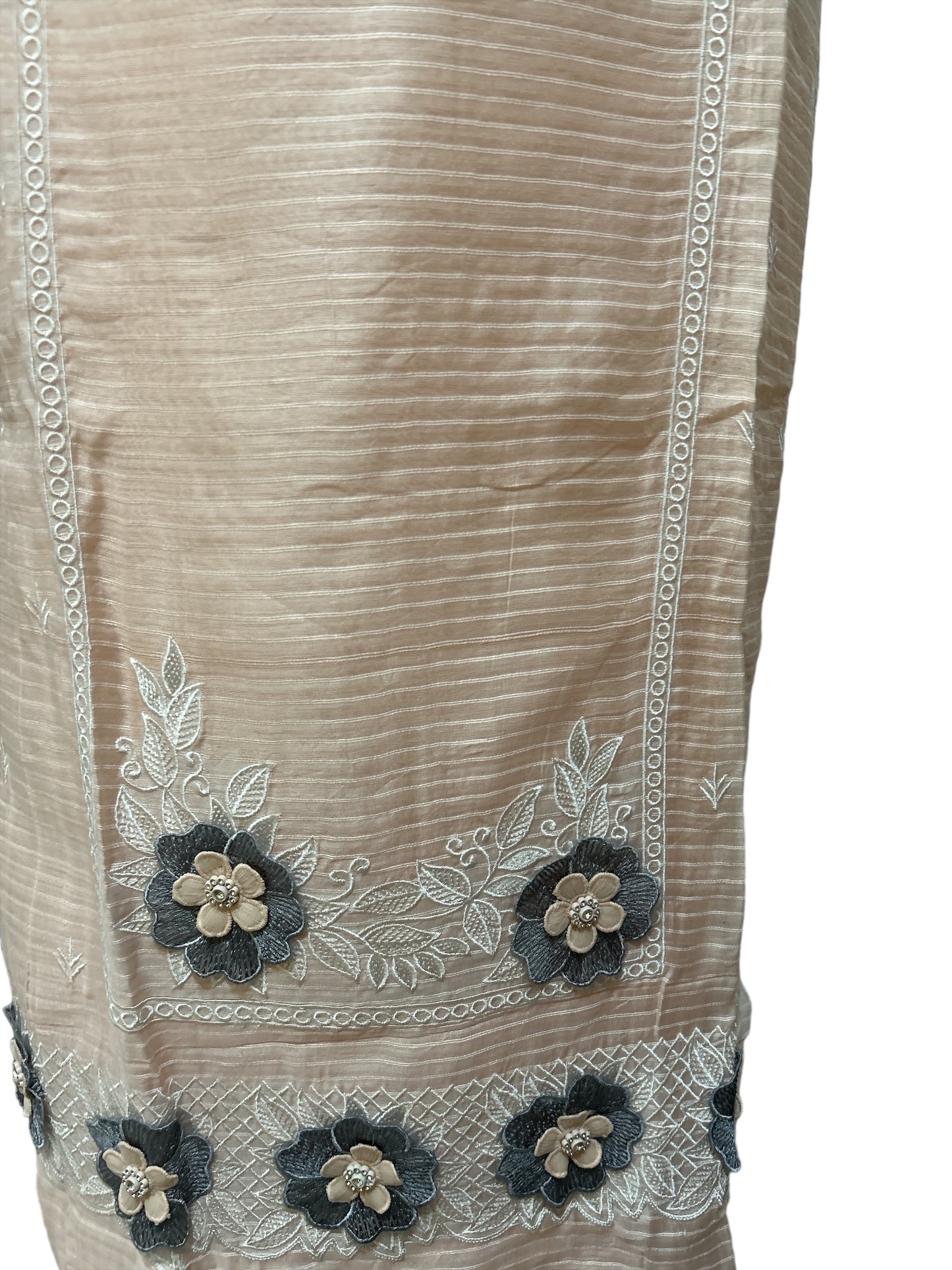 Peach & Grey Chanderi Silk Suit with Embroidered Organza Dupatta