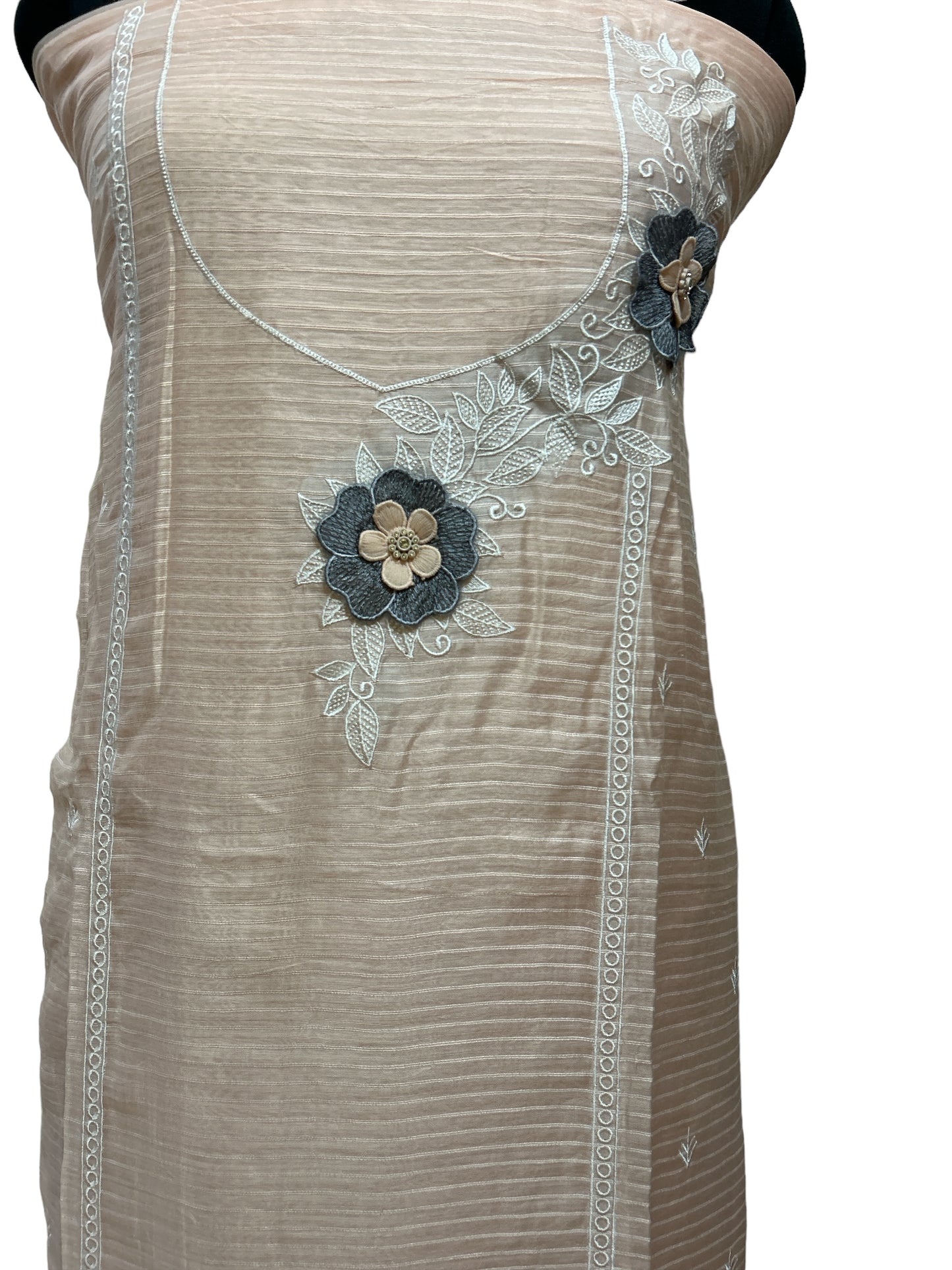 Peach & Grey Chanderi Silk Suit with Embroidered Organza Dupatta