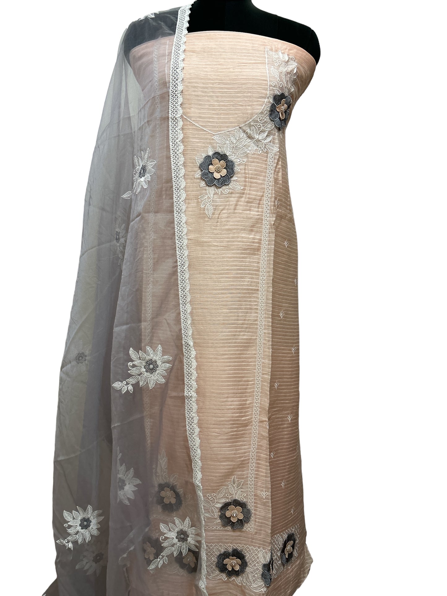 Peach & Grey Chanderi Silk Suit with Embroidered Organza Dupatta