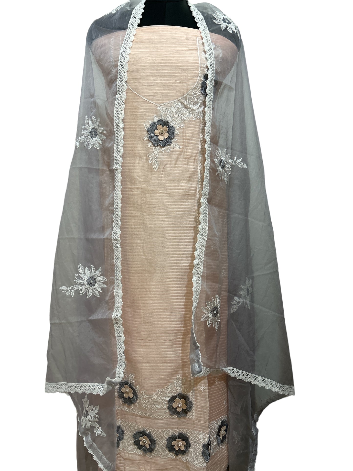 Peach & Grey Chanderi Silk Suit with Embroidered Organza Dupatta