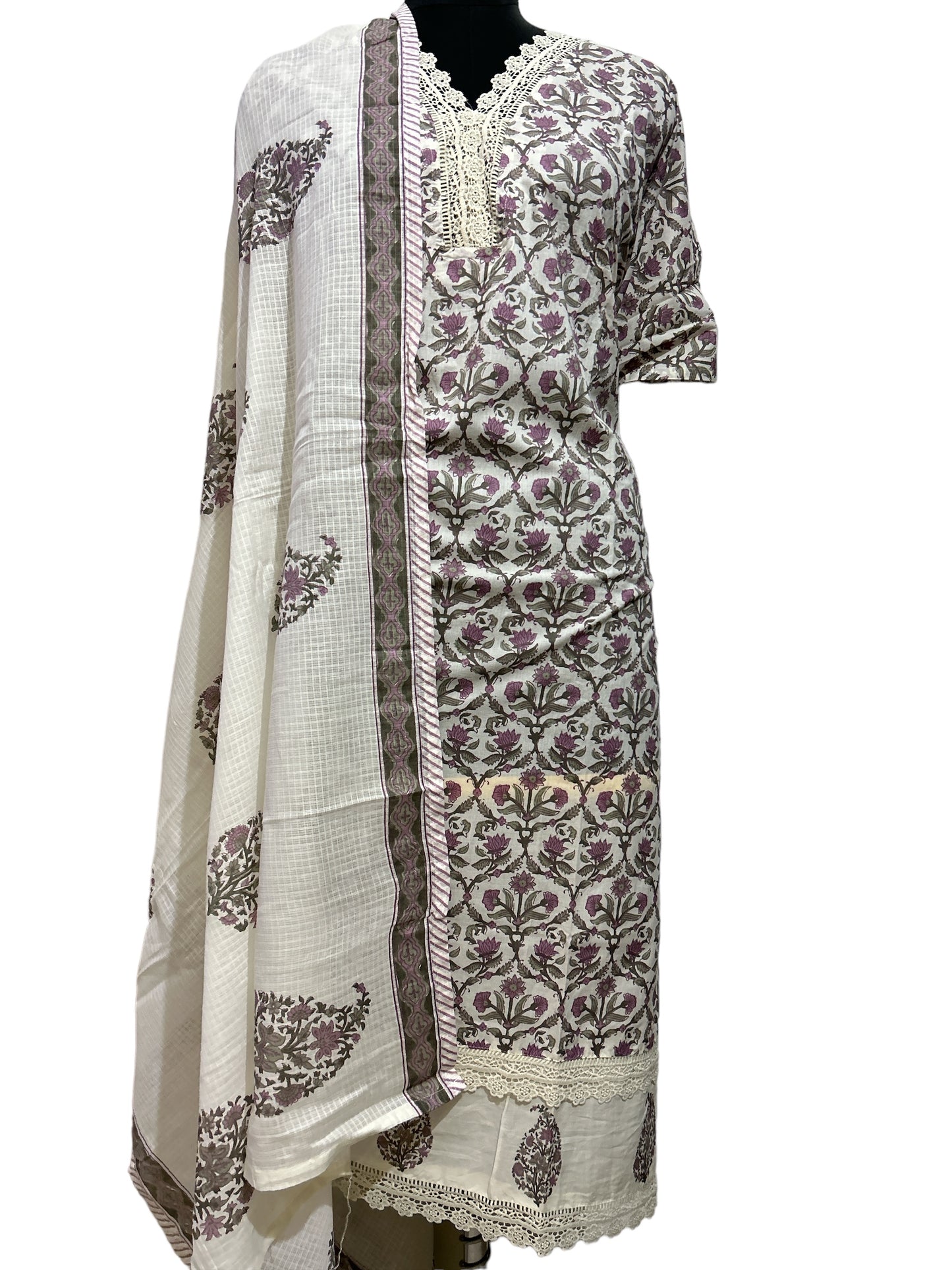 Unstitched Purple Cotton Suit with Lace Detailing and Printed Dupatta