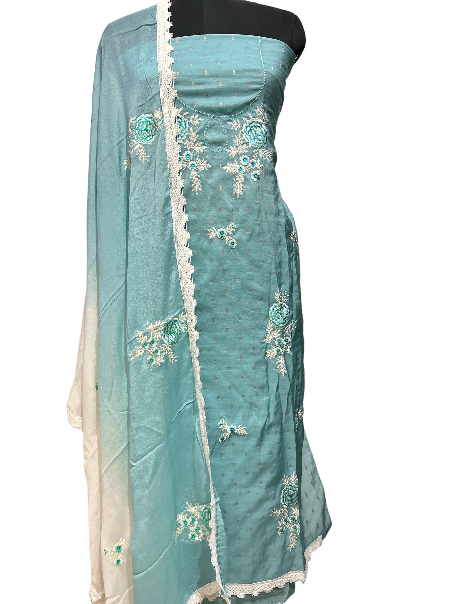 Sky Blue Chanderi Silk Suit: Embroidered Elegance with Viscose Comfort